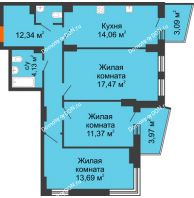 3 комнатная квартира 78,07 м² в ЖК Город у реки, дом Литер 7 - планировка