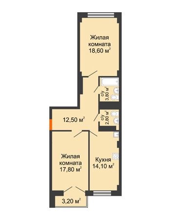 2 комнатная квартира 71,2 м² - ЖК Гагарин