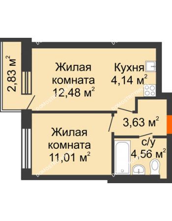 2 комнатная квартира 36,67 м² - ЖК Каскад на Путейской