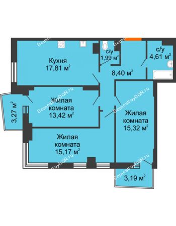 3 комнатная квартира 79,62 м² в ЖК Сердце Ростова 2, дом Литер 1