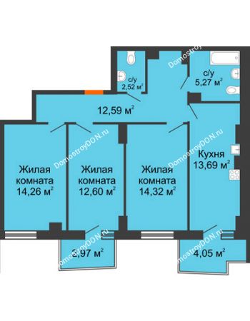 3 комнатная квартира 77,18 м² в ЖК Сердце Ростова 2, дом Литер 8