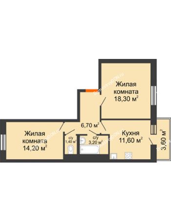 2 комнатная квартира 44,5 м² в ЖК 5 Элемент (Пятый Элемент), дом Корпус 5-4