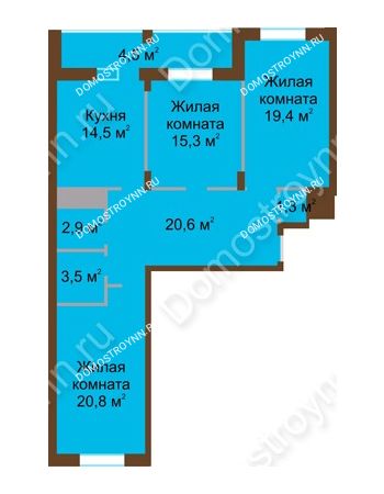 3 комнатная квартира 102,8 м² в ЖК Монолит, дом № 89, корп. 1, 2