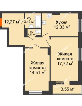 2 комнатная квартира 65,1 м² в ЖК Виктория, дом № 52