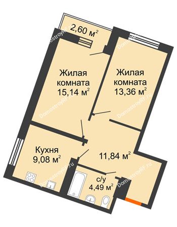 2 комнатная квартира 54,69 м² в ЖК Журавли, дом №2