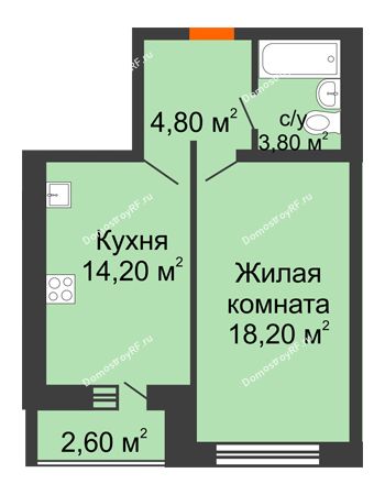 1 комнатная квартира 42,3 м² в ЖК Шестое чувство, дом 2 очередь 3 позиция
