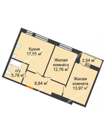 2 комнатная квартира 61,47 м² в ЖК Книги, дом № 2