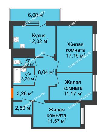 3 комнатная квартира 73,21 м² в ЖК Циолковский, дом № 6