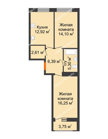 2 комнатная квартира 61,32 м² в ЖК Подкова на Гагарина, дом № 2