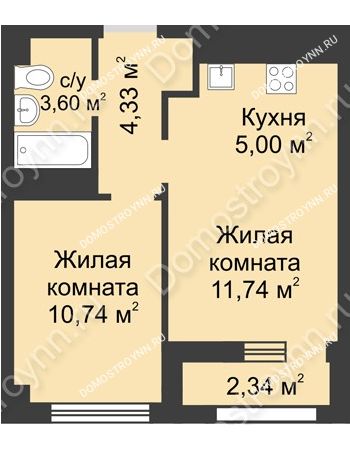 2 комнатная квартира 36,58 м² - ЖК Каскад на Сусловой
