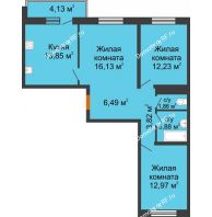 3 комнатная квартира 72,47 м² в ЖК Облака, дом Литер 2 - планировка