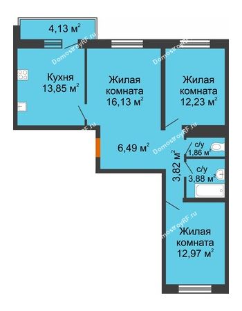 3 комнатная квартира 72,47 м² в ЖК Облака, дом Литер 2