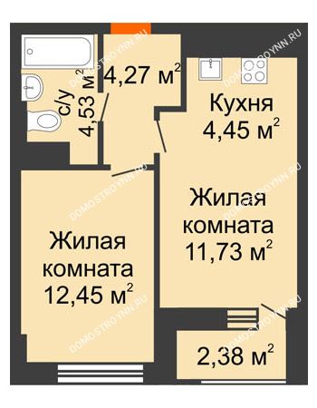 2 комнатная квартира 38,62 м² - ЖК Каскад на Путейской