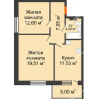2 комнатная квартира 60,4 м² в ЖК Гвардейский 3.0, дом Секция 3 - планировка