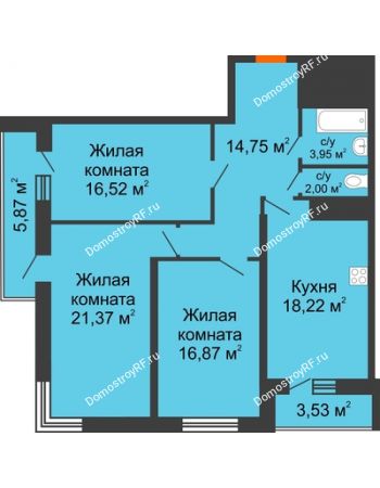 3 комнатная квартира 97,2 м² в ЖК Галактика, дом Литер 2
