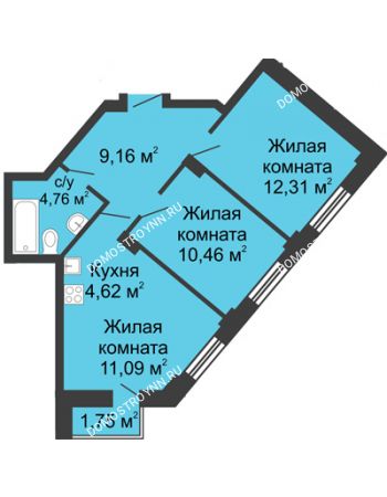 3 комнатная квартира 52,92 м² - ЖК Каскад на Волжской