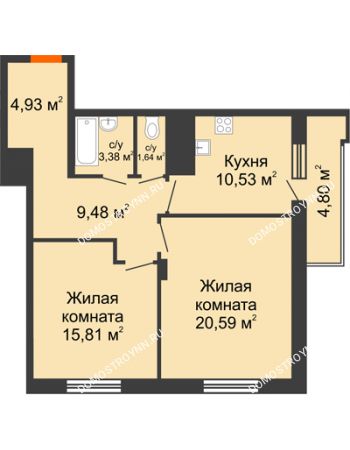 2 комнатная квартира 68,76 м² в ЖК Циолковский, дом № 6