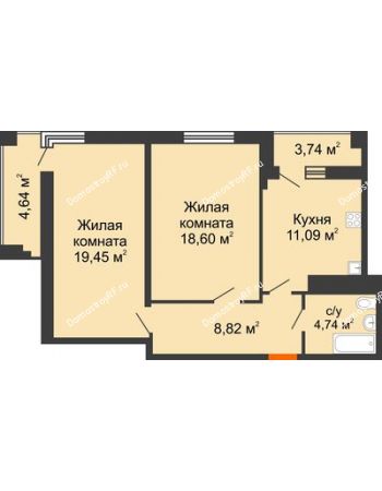 2 комнатная квартира 66,9 м² в ЖК На Садовой, дом Литер 1