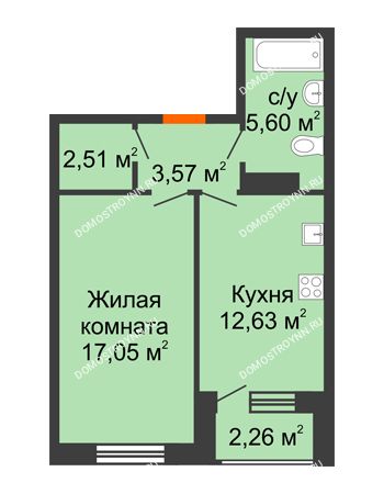 1 комнатная квартира 42,49 м² - ЖК Дом на Чаадаева
