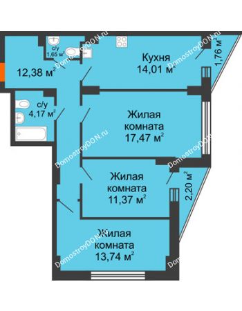 3 комнатная квартира 76,42 м² в ЖК Рубин, дом Литер 3