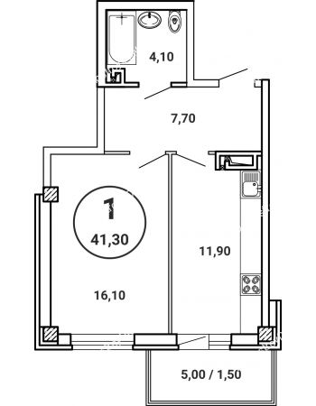 1 комнатная квартира 41,3 м² в ЖК Лебедь, дом № 50