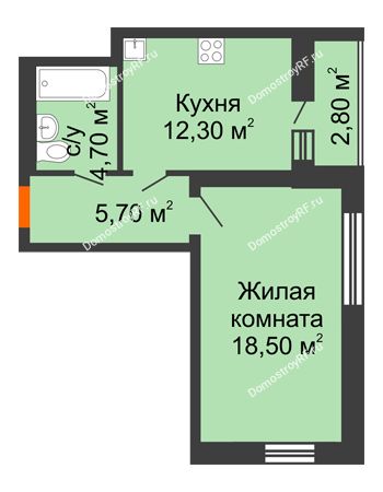 1 комнатная квартира 42,6 м² в ЖК Шестое чувство, дом 2 очередь 2 позиция